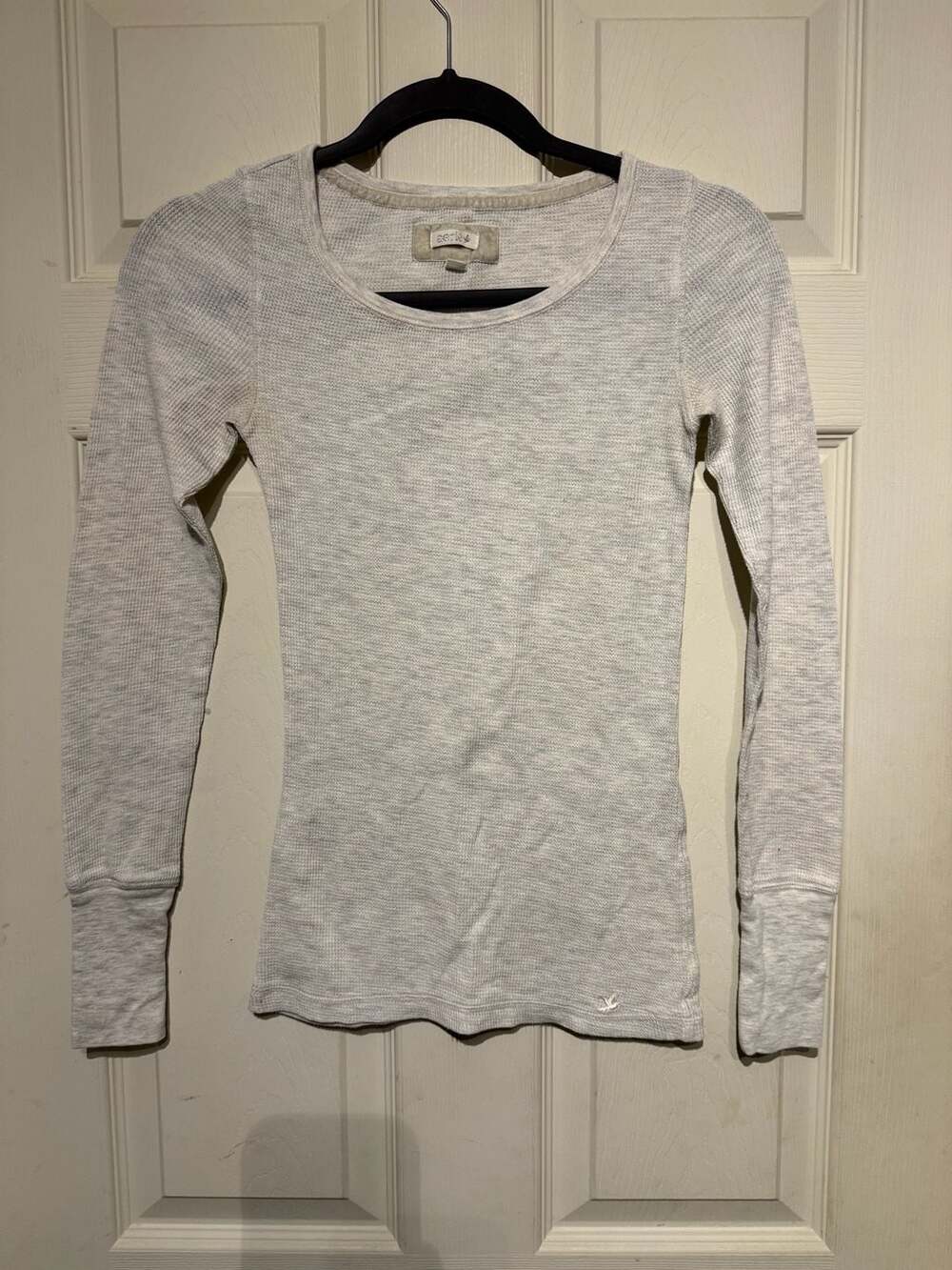 Aerie Thermal Long Sleeve Scoop Neck XS Light Gray Waffle Knit Top